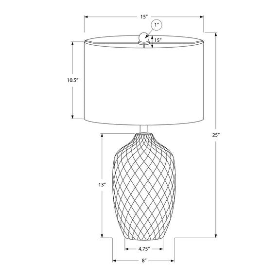 Table lamp dimensions diagram: 25 in high, 15 in shade, 8 in base width