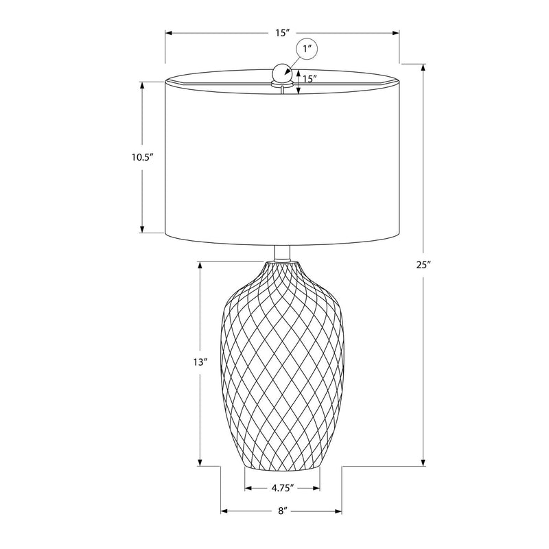 Table lamp dimensions diagram: 25 in high, 15 in shade, 8 in base width