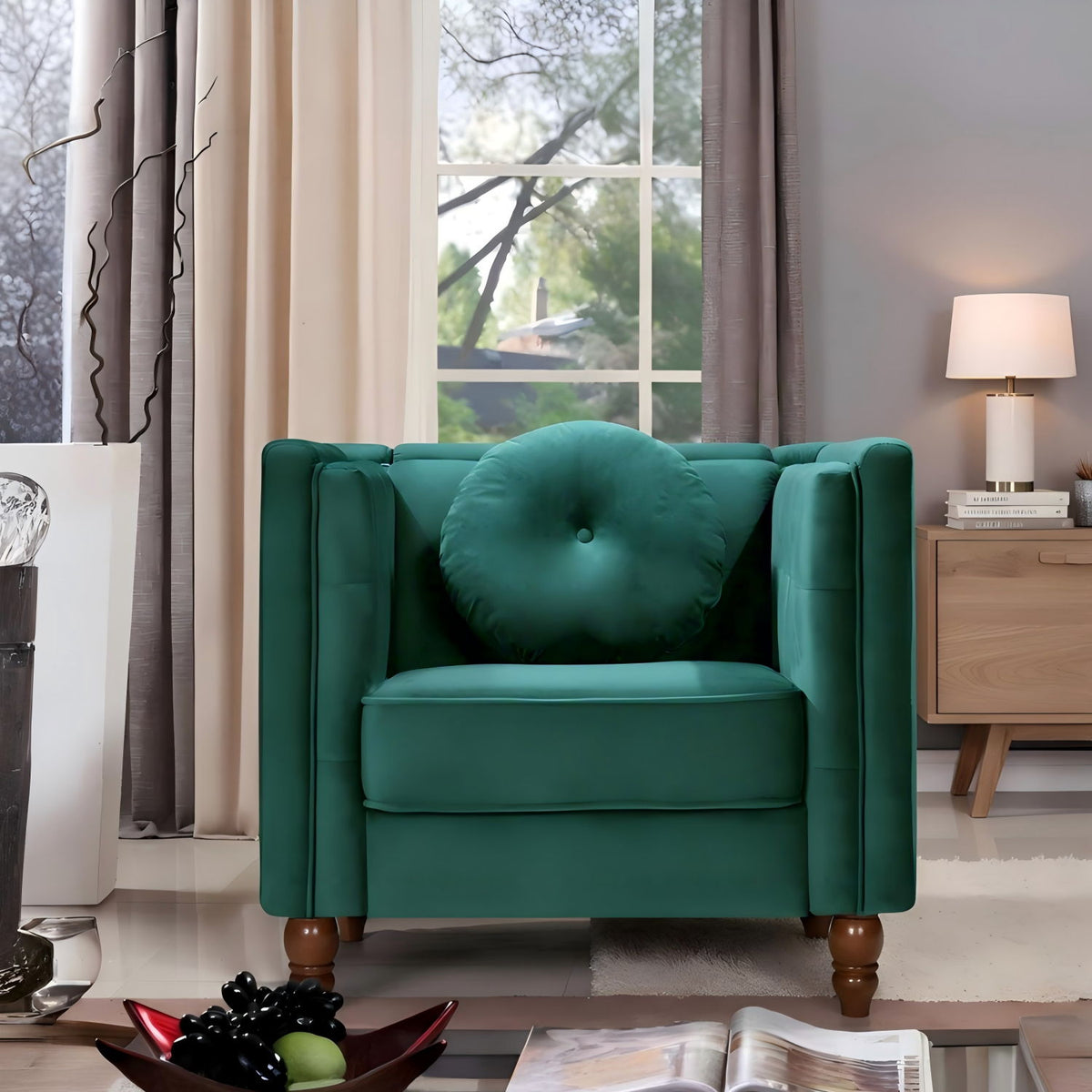 Teal green tufted accent side chair with square arms and buttoned back