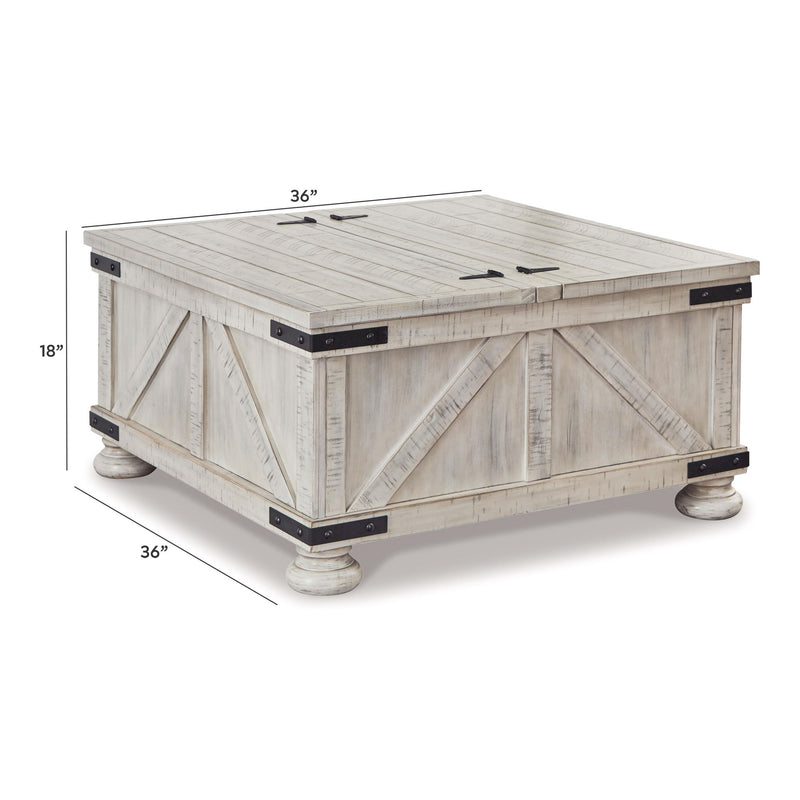 Square whitewashed wood coffee table with storage, black latches, caster feet