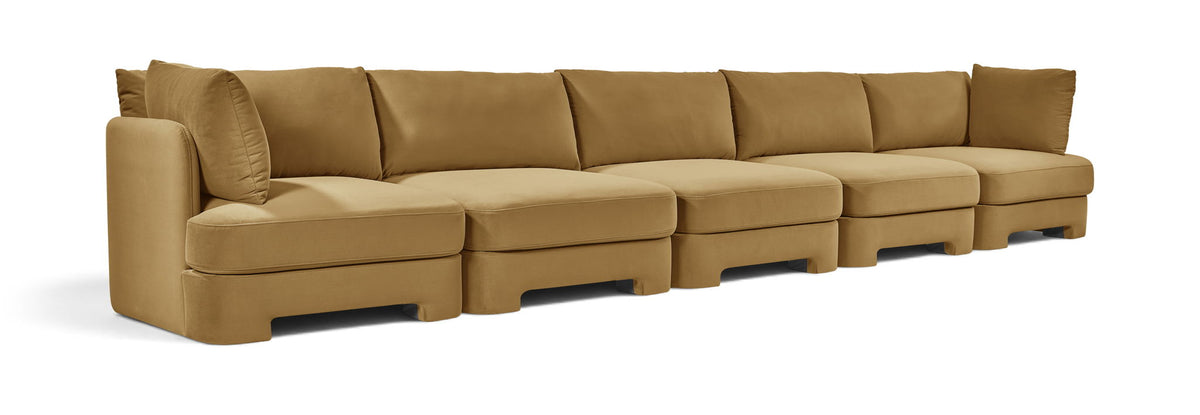Hammond 5-piece velvet sectional sofa in light brown with track arms and box cushions