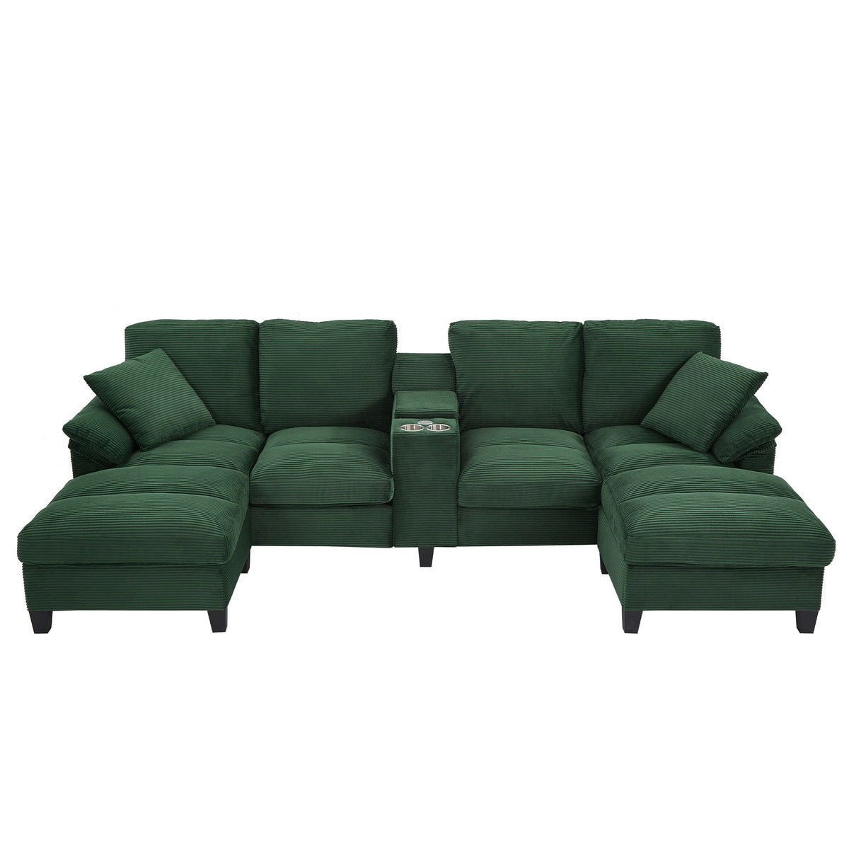Dark green U-shaped sectional sofa with storage ottomans and tufted center console