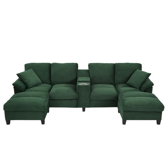 Dark green U-shaped sectional sofa with storage ottomans and tufted center console