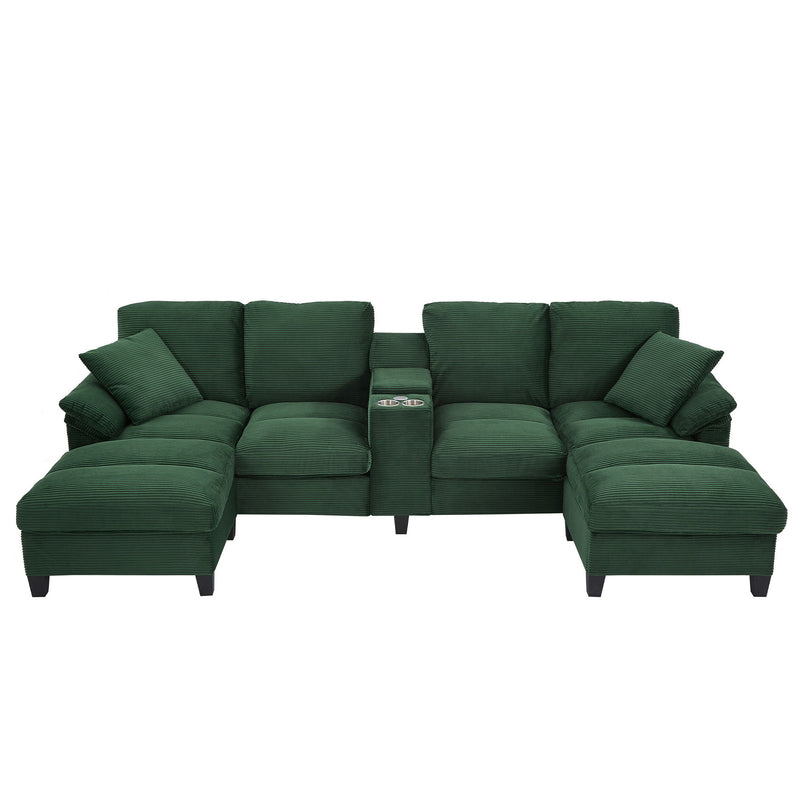 Dark green U-shaped sectional sofa with storage ottomans and tufted center console