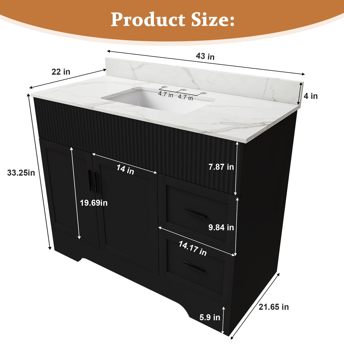 Bathroom vanity set size diagram: black cabinet with white sink and countertop