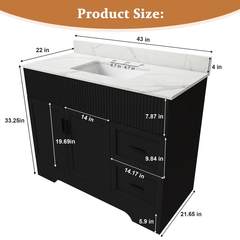 Bathroom vanity set size diagram: black cabinet with white sink and countertop