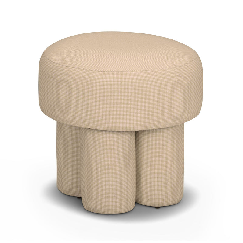 Beige textured accent stool with cushioned round top and four-panel padded base.