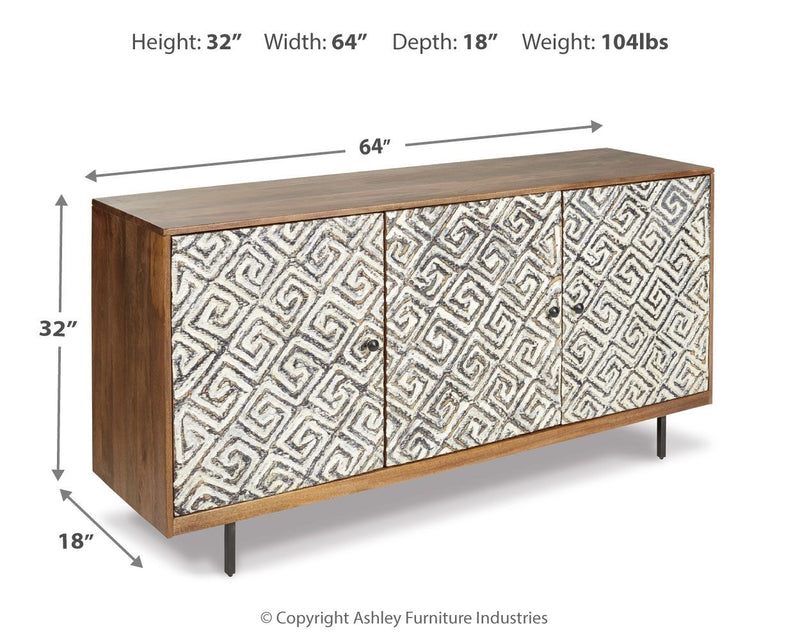 Accent cabinet with wood top and three door fronts, white panels with black maze pattern.