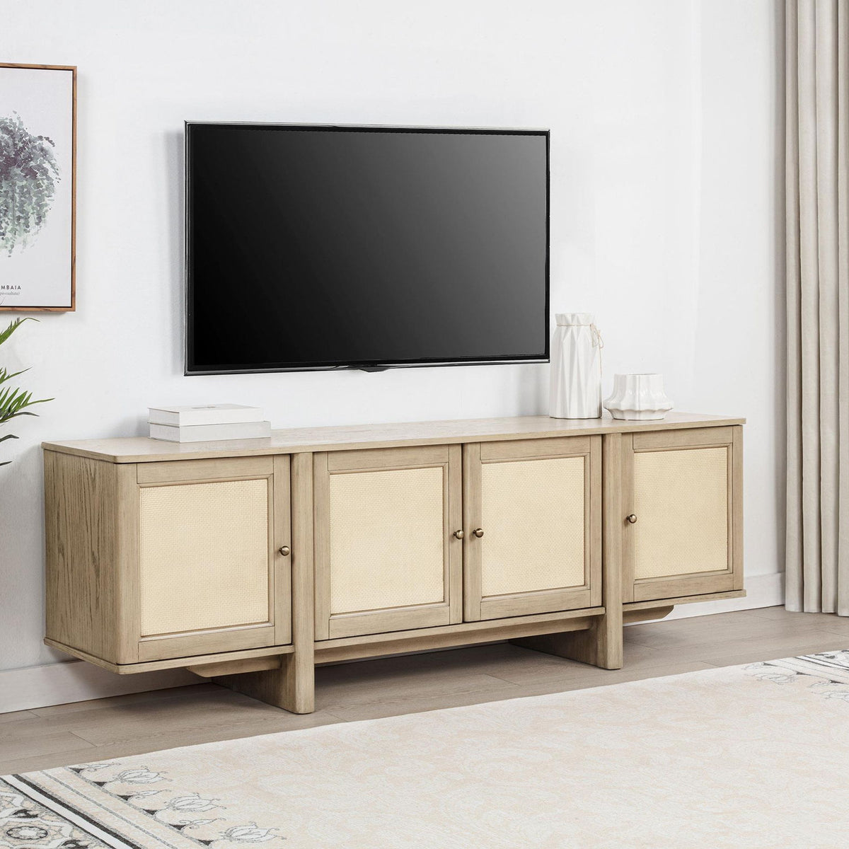 Kailani 79-inch 4-door Cane TV Stand Media Console Beige Oak