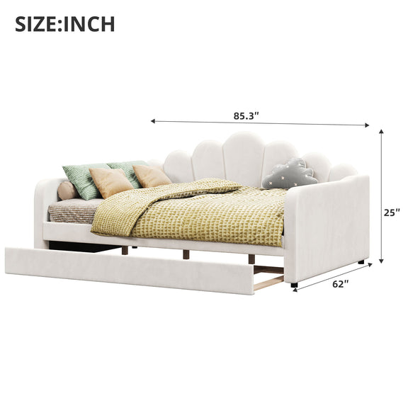 White upholstered daybed frame with shell headboard, open slat base, size diagram shown