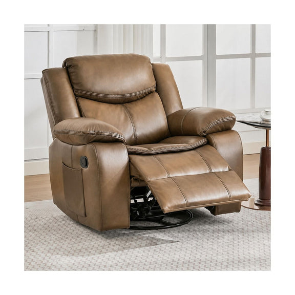 Light brown rocker recliner chair with extended ottoman and headrest