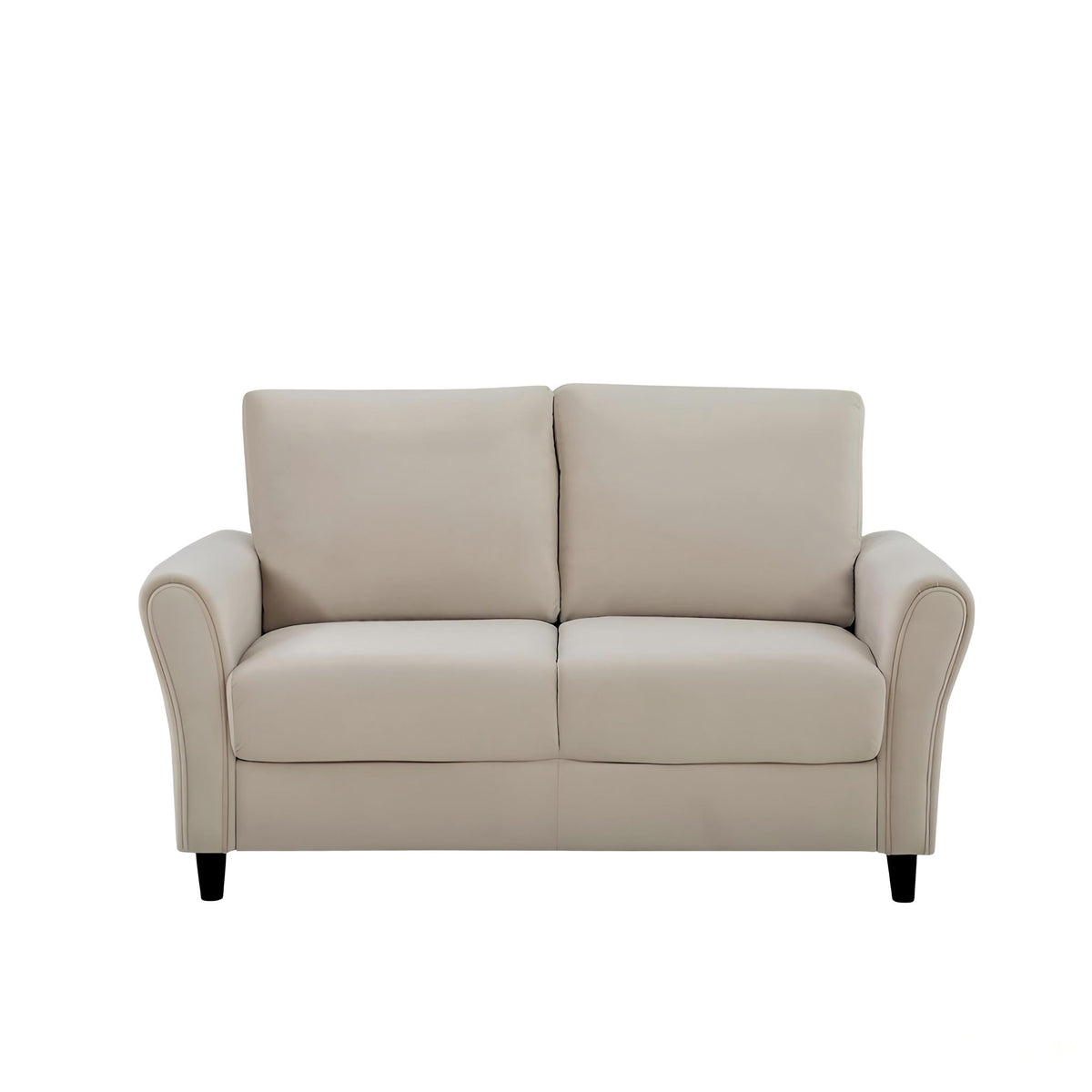 Beige curved-arm loveseat sofa with two back cushions and straight base legs
