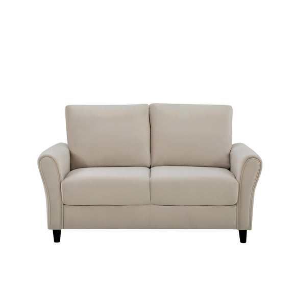 Beige curved-arm loveseat sofa with two back cushions and straight base legs