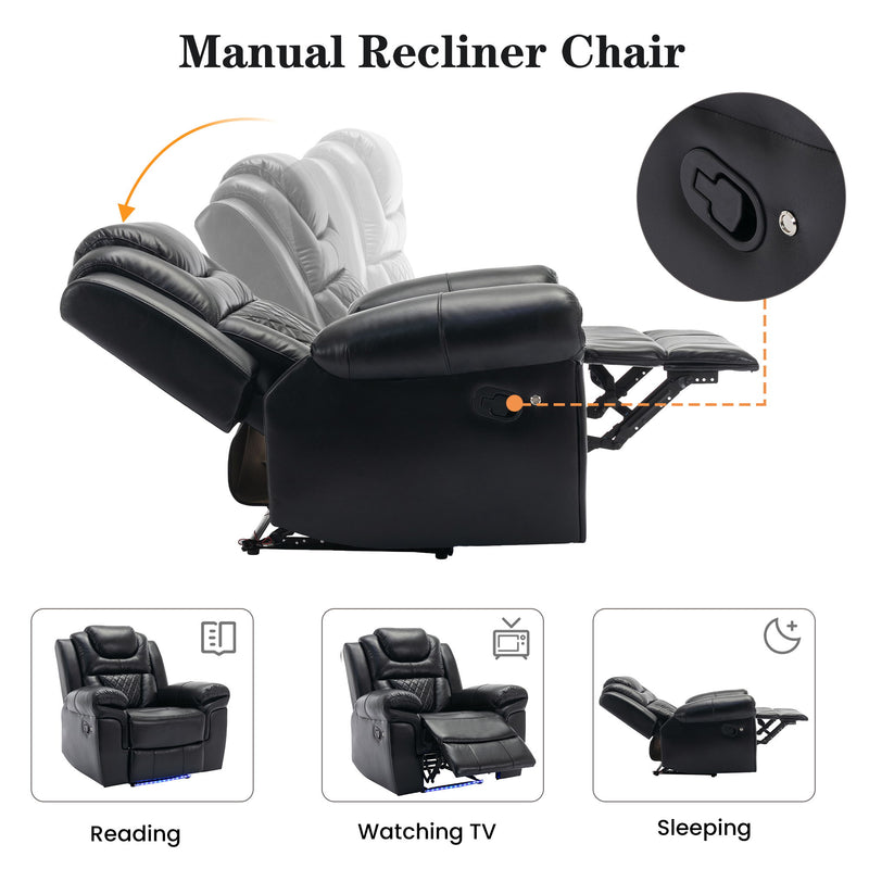 Black manual recliner chair with center console and side control lever