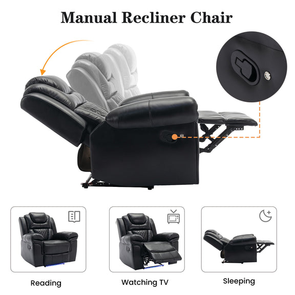 Manual recliner chair in black with LED light strip and side handle control