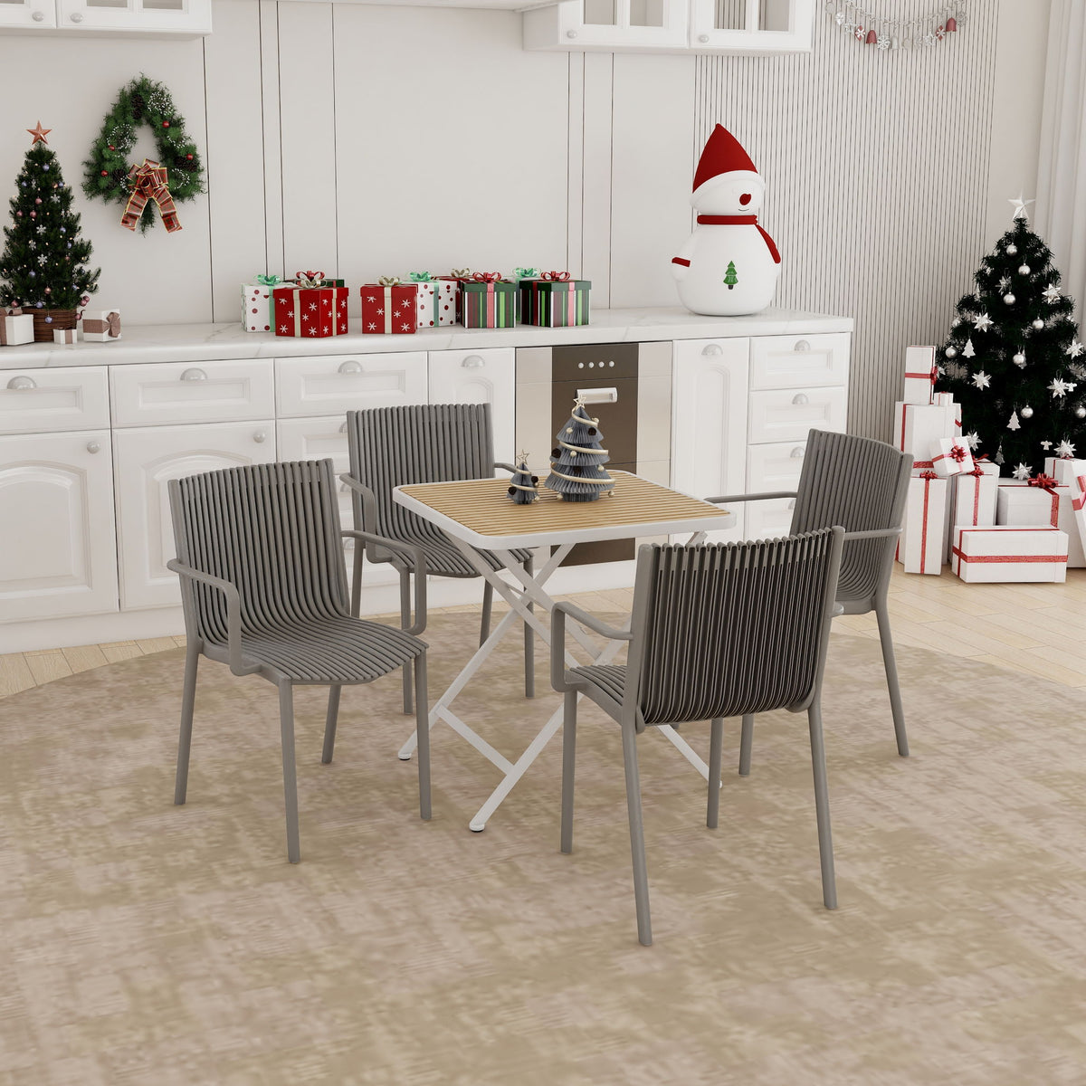 4 Modern Stackable Plastic Armchair Matched With Folding Square Table