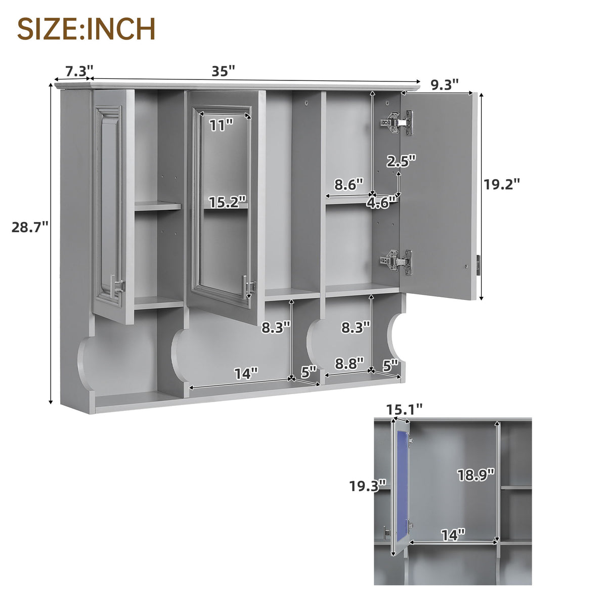 Wall Mounted Bathroom Medicine Wall Cabinet With Mirror & Open Shelves