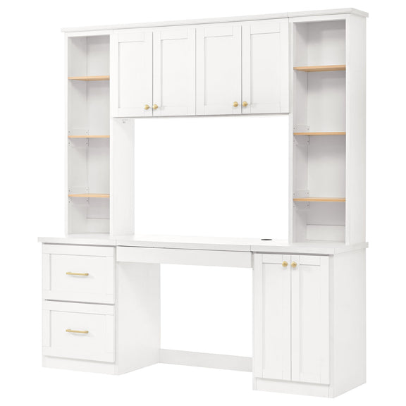 White computer desk with hutch, open shelves and cabinet doors, built-in keyboard tray