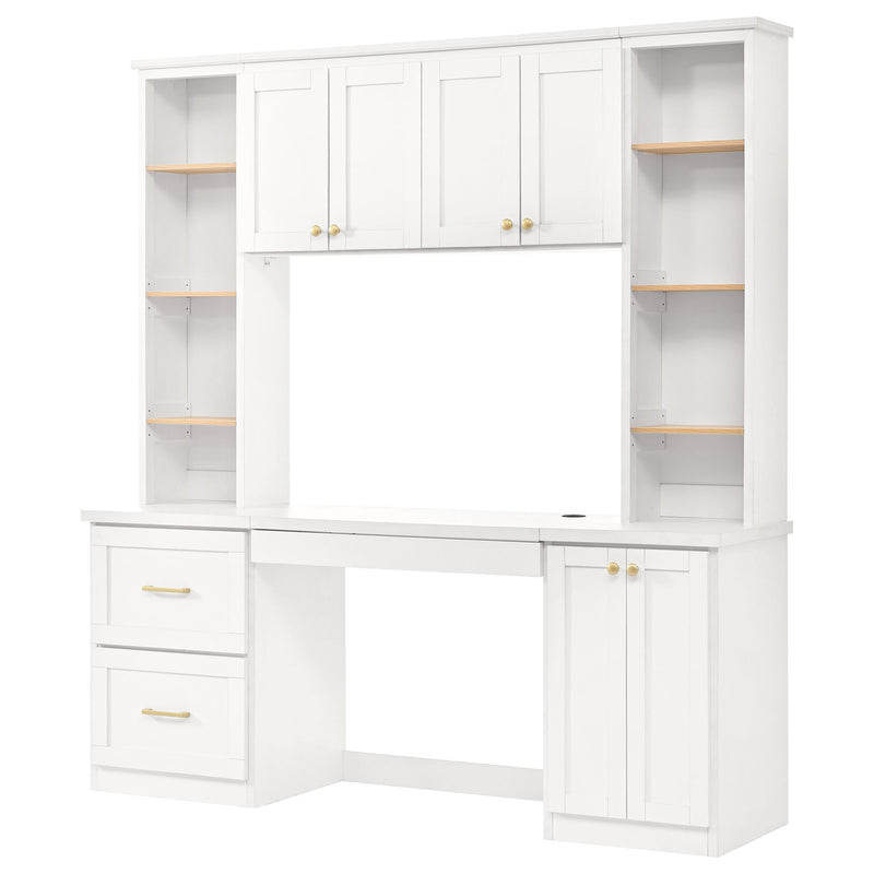 White computer desk with hutch, open shelves and cabinet doors, built-in keyboard tray