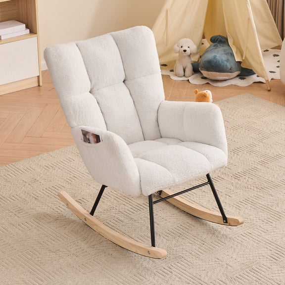 Ivory upholstered rocking chair with cushioned backrest and wooden rockers.