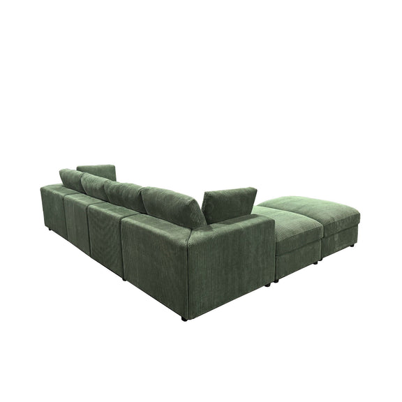 Dark green modular sectional sofa with corner chaise and ottoman-style seat