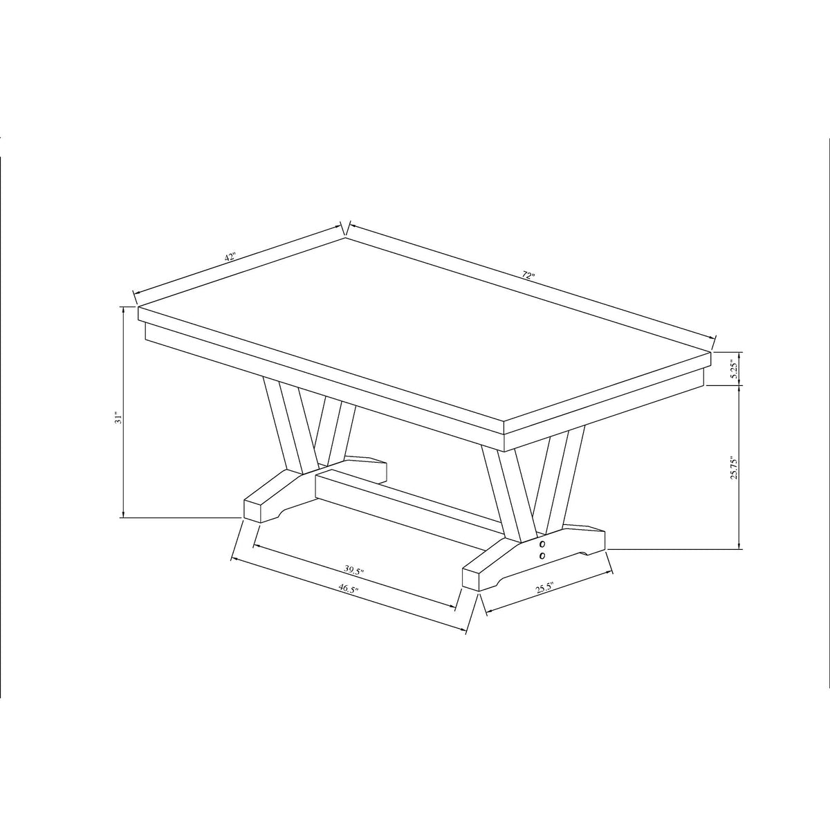 Dining table size diagram with rectangular top and black cross-braced base