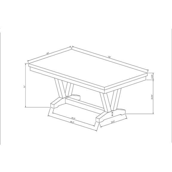 Dining table size diagram with rectangular top and black cross-braced base
