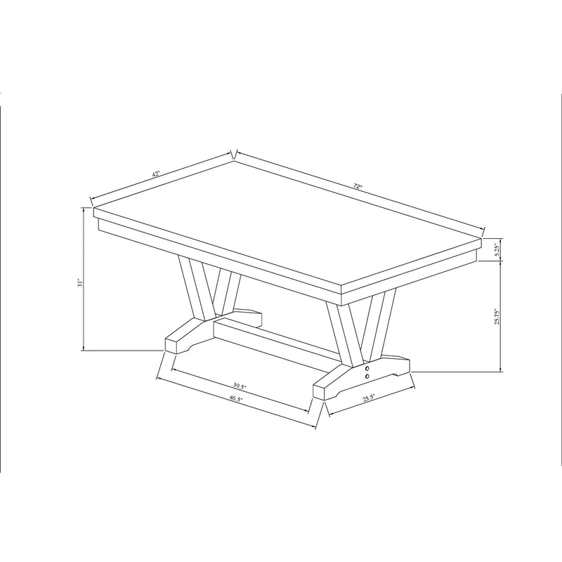 Dining table size diagram with rectangular top and black cross-braced base