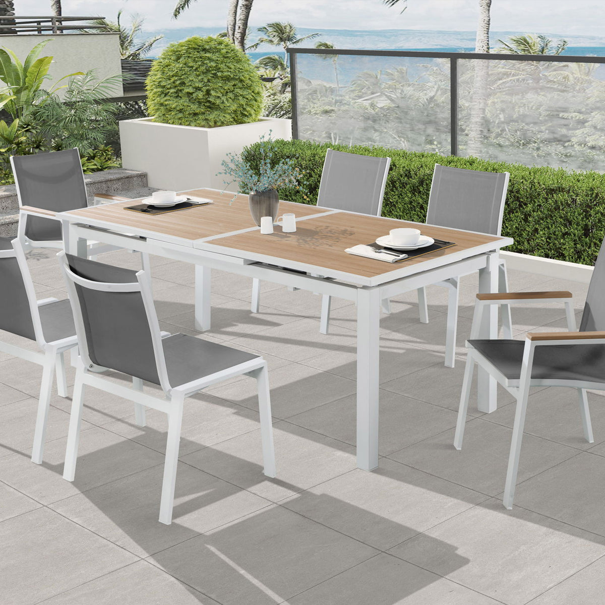 Nizuc - Outdoor Patio Dining Arm Chair With White Frame And Natural Arms (Set of 2)