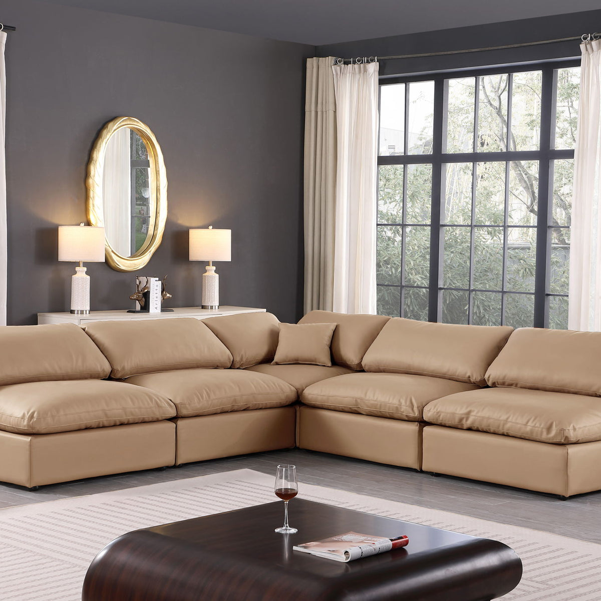 Comfy - 5 Piece Faux Leather Modular Corner Armless Sectional - Tan