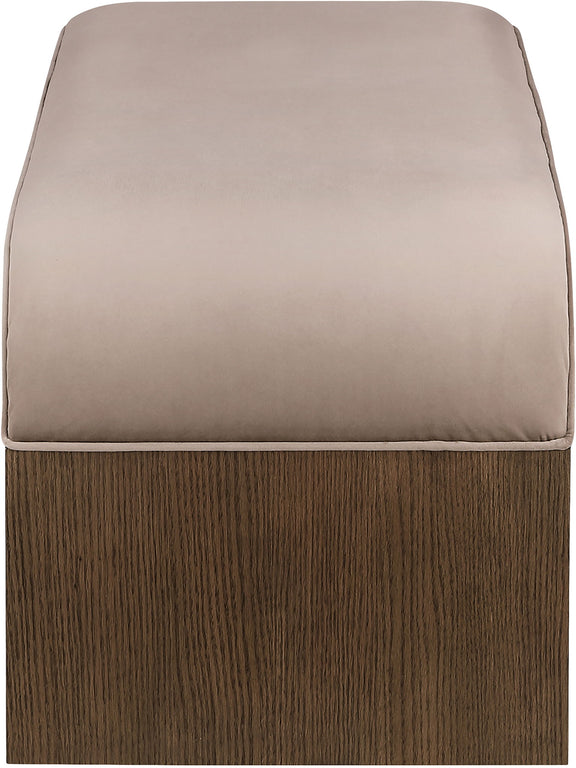 Velvet seat cushion in beige on a dark wood bench base