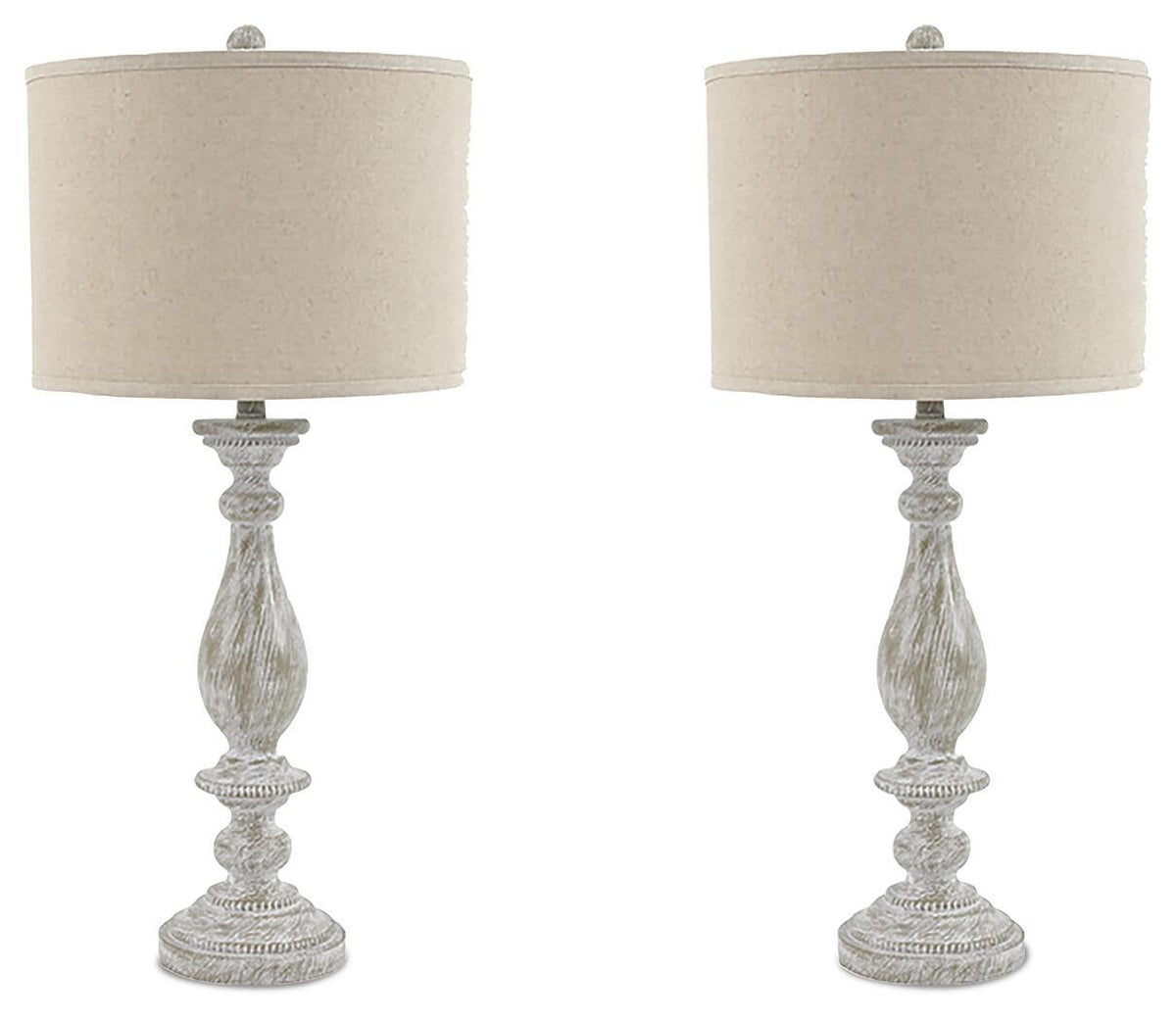 Set of 2 table lamps with beige fabric shades and whitewashed pedestal bases