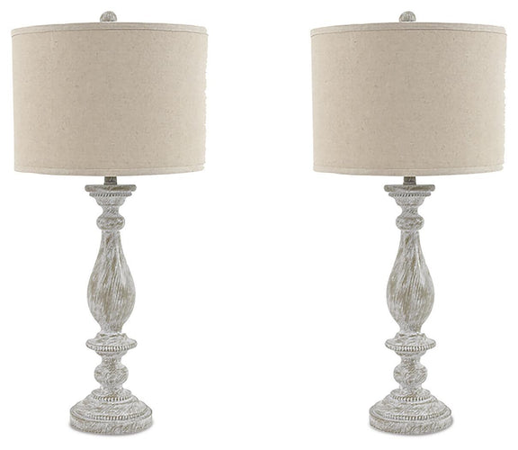 Set of 2 table lamps with beige fabric shades and whitewashed pedestal bases