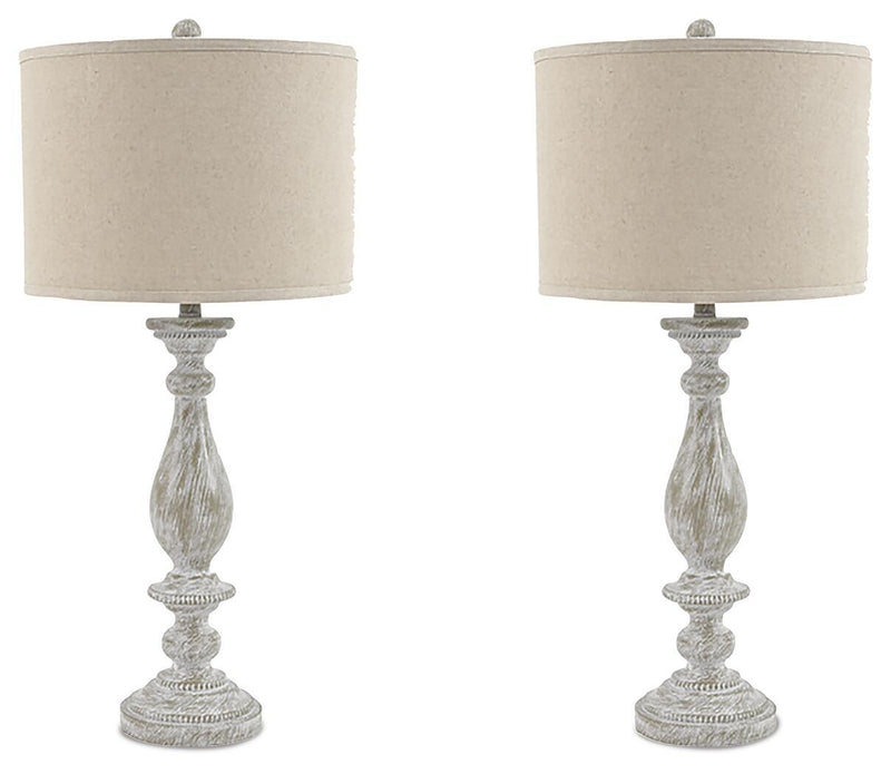 Set of 2 table lamps with beige fabric shades and whitewashed pedestal bases