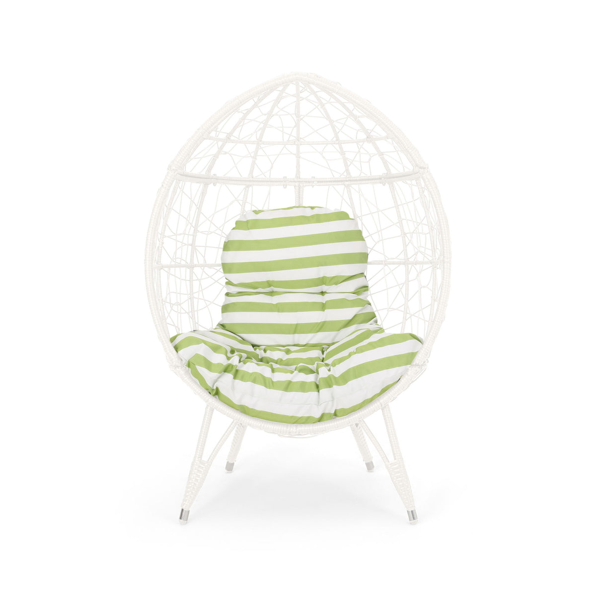 White round hammered iron teardrop chair with green striped padded cushion