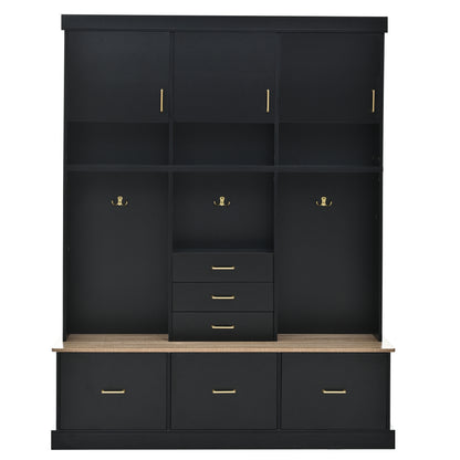 Hall Tree with Bench 6-Drawer Open Shelving Black 75-inch
