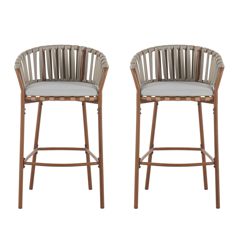 Lodi - Outdoor Matal Rope Barstool, Teak / Beige (Set of 2) - Teak / Beige