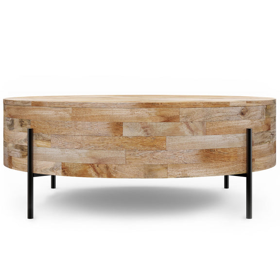Rayburn natural wood drum coffee table with black metal legs