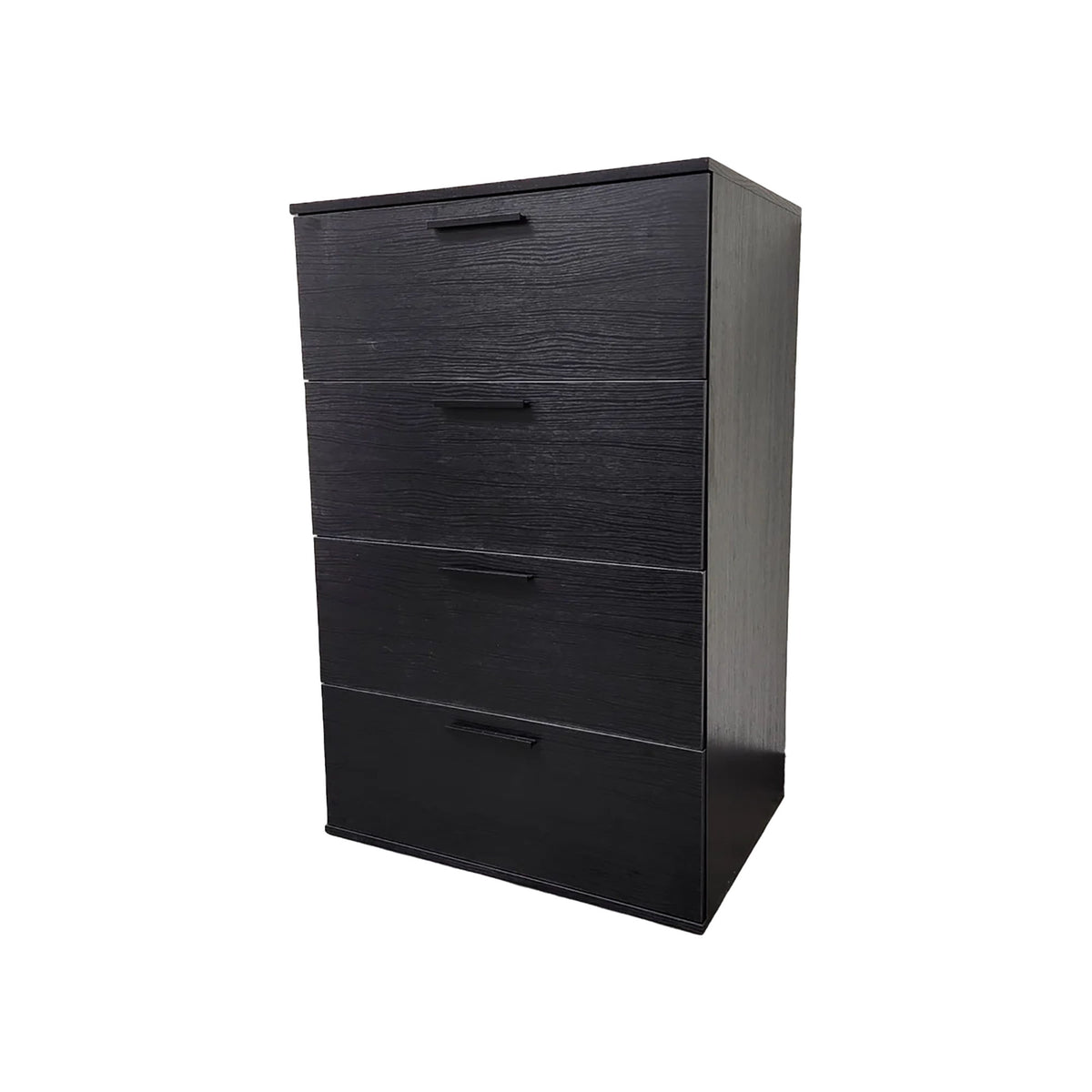 Farmhouse jumbo chest with 4 drawers, dark woodgrain finish and bar pull handles