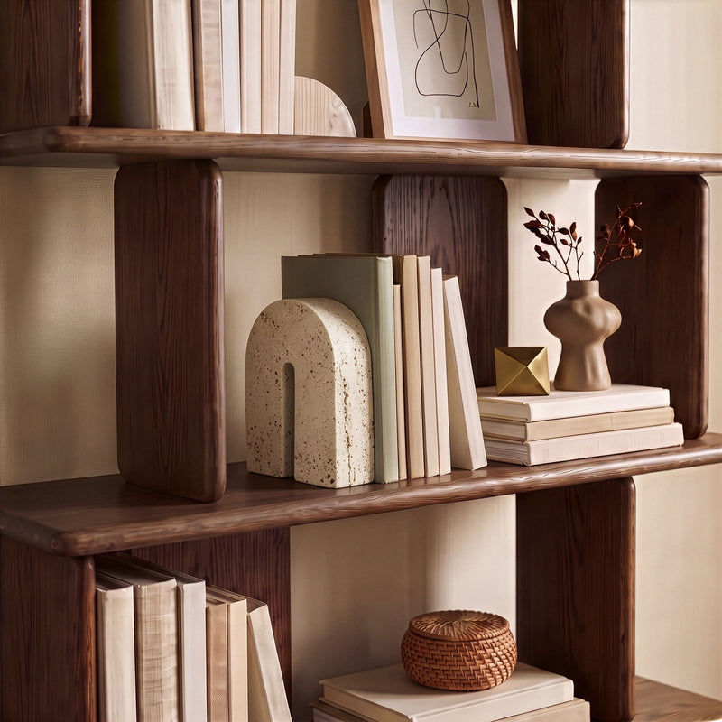 Beige travertine bookend on a shelf, arched front with vertical cutout