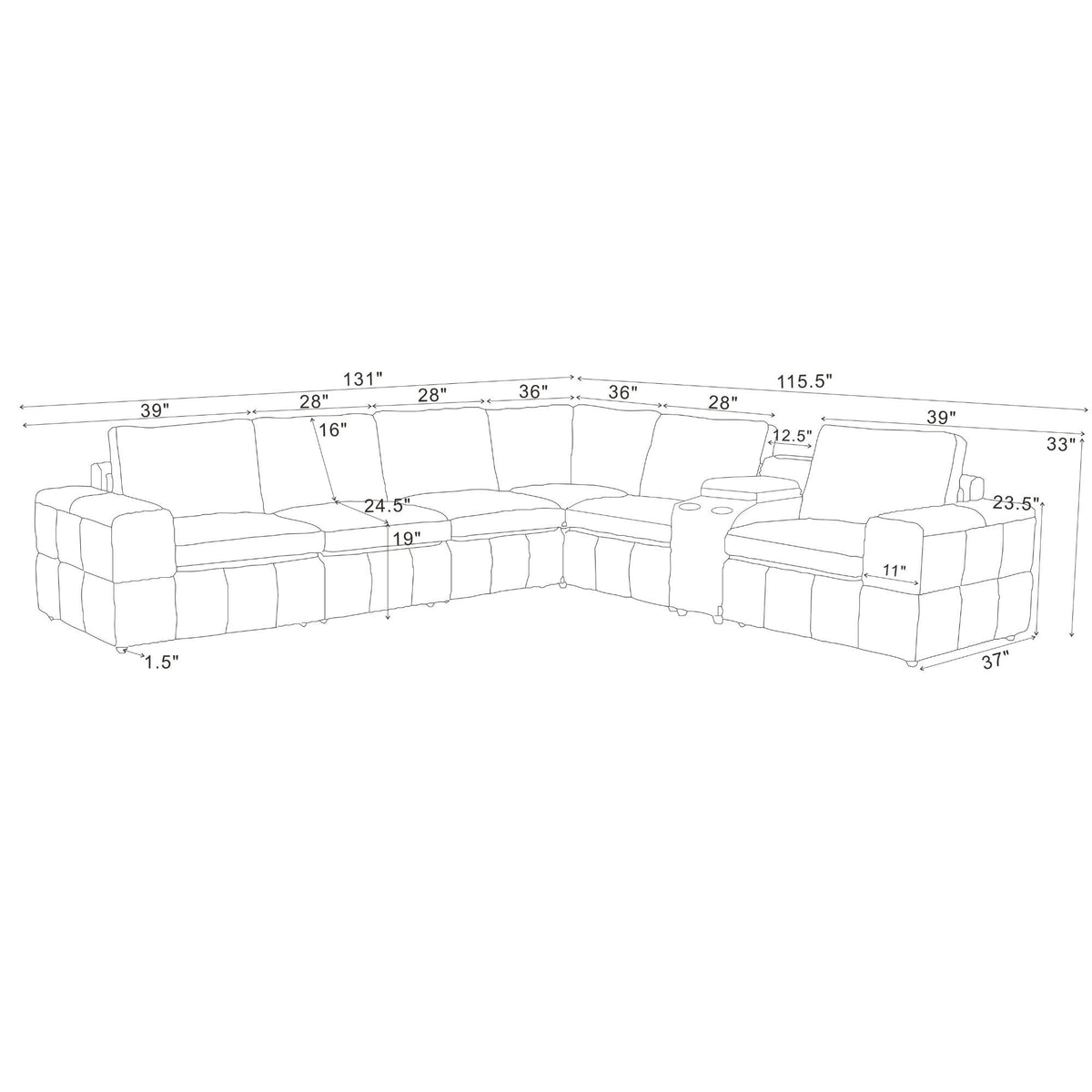 Line drawing of U-shaped modular sectional sofa with square arms and measurements