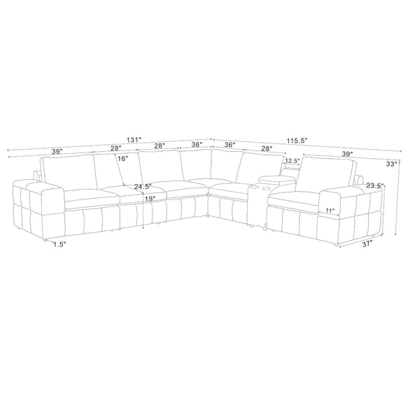 Line drawing of U-shaped modular sectional sofa with square arms and measurements