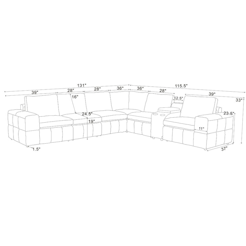 Line drawing of U-shaped modular sectional sofa with square arms and measurements