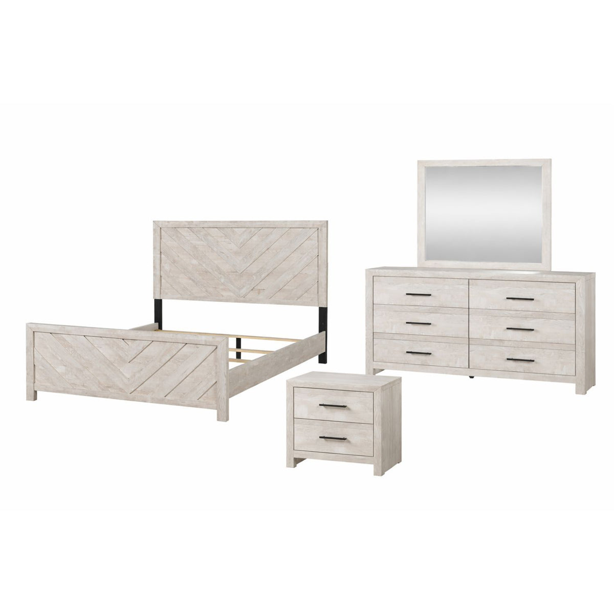 Denver bedroom set, light gray: bed, dresser, nightstand, chest, and mirror