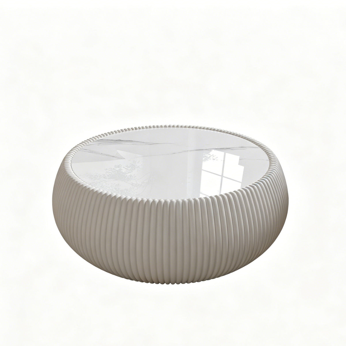 Drum-shaped coffee table with light gray fluted base and clear glass top