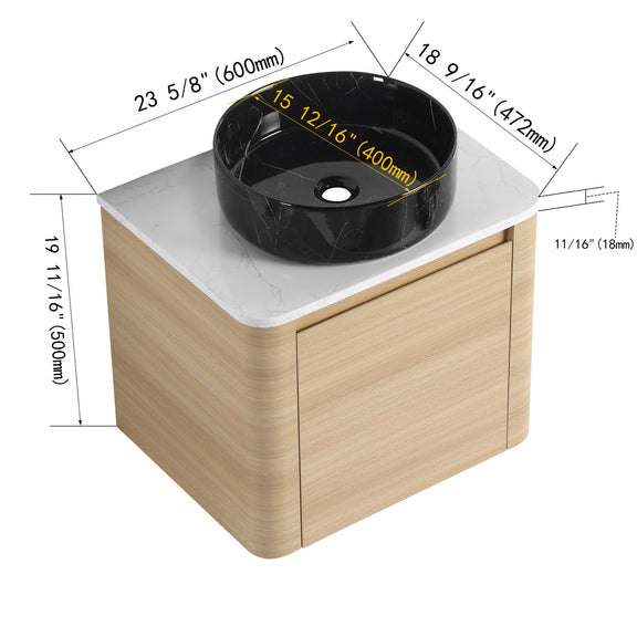 Mounted bathroom vanity with black art sink, light wood, with size dimensions
