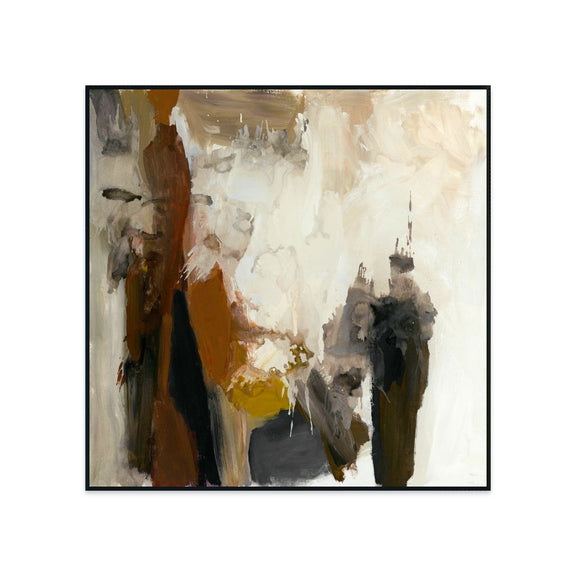 Framed abstract wall painting with muted browns, grays, and white brushstrokes