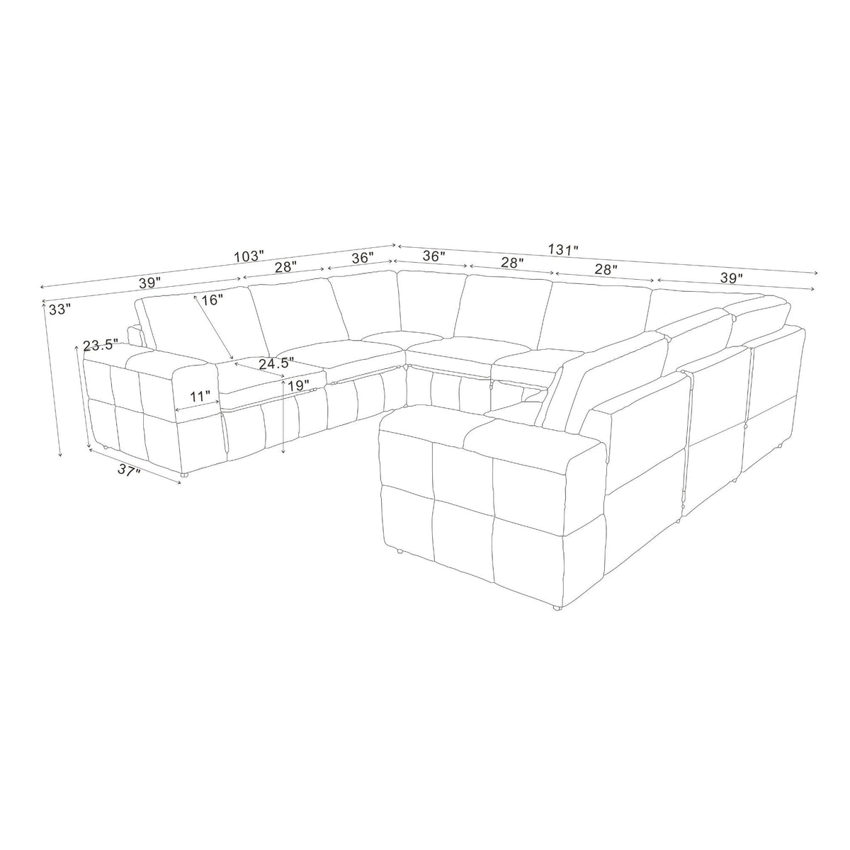 Sectional sofa layout diagram with dimensions and large square arm sections.