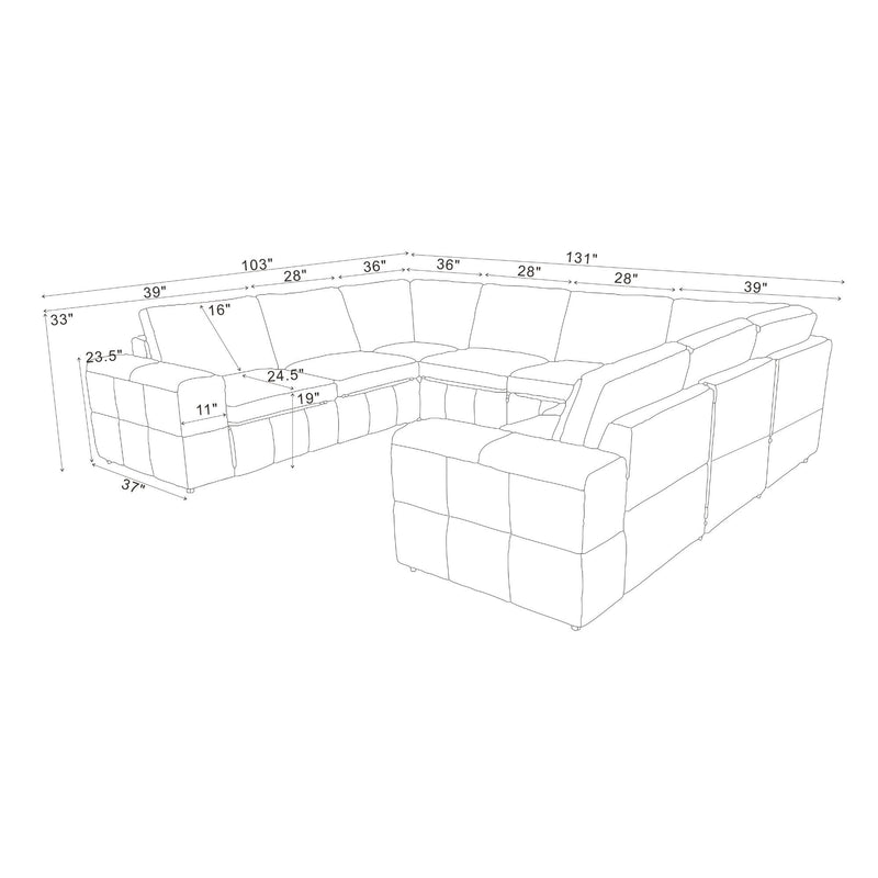 Sectional sofa layout diagram with dimensions and large square arm sections.