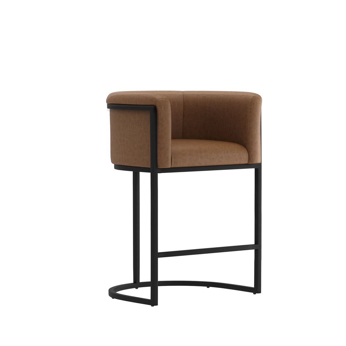 Dark brown upholstered counter stool with curved armrest and black metal frame